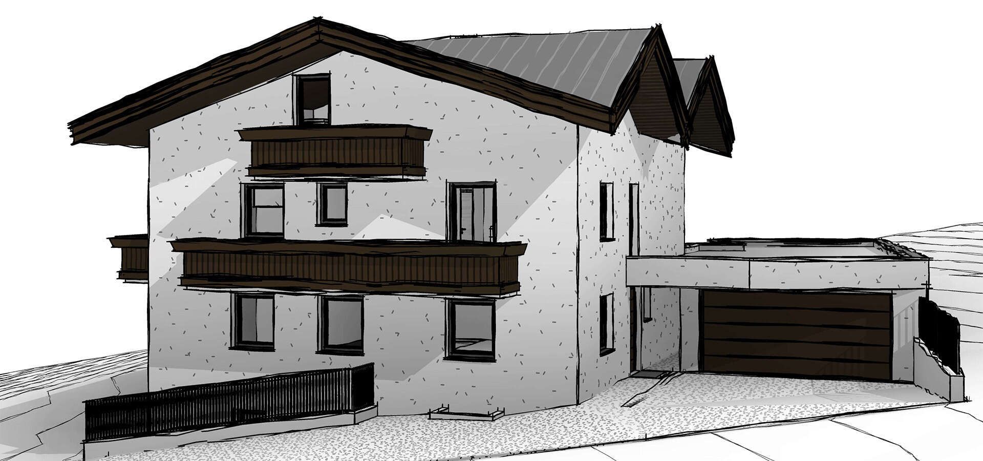 Plan von der Hausansicht für den Umbau von Haus Pedrus Fiss